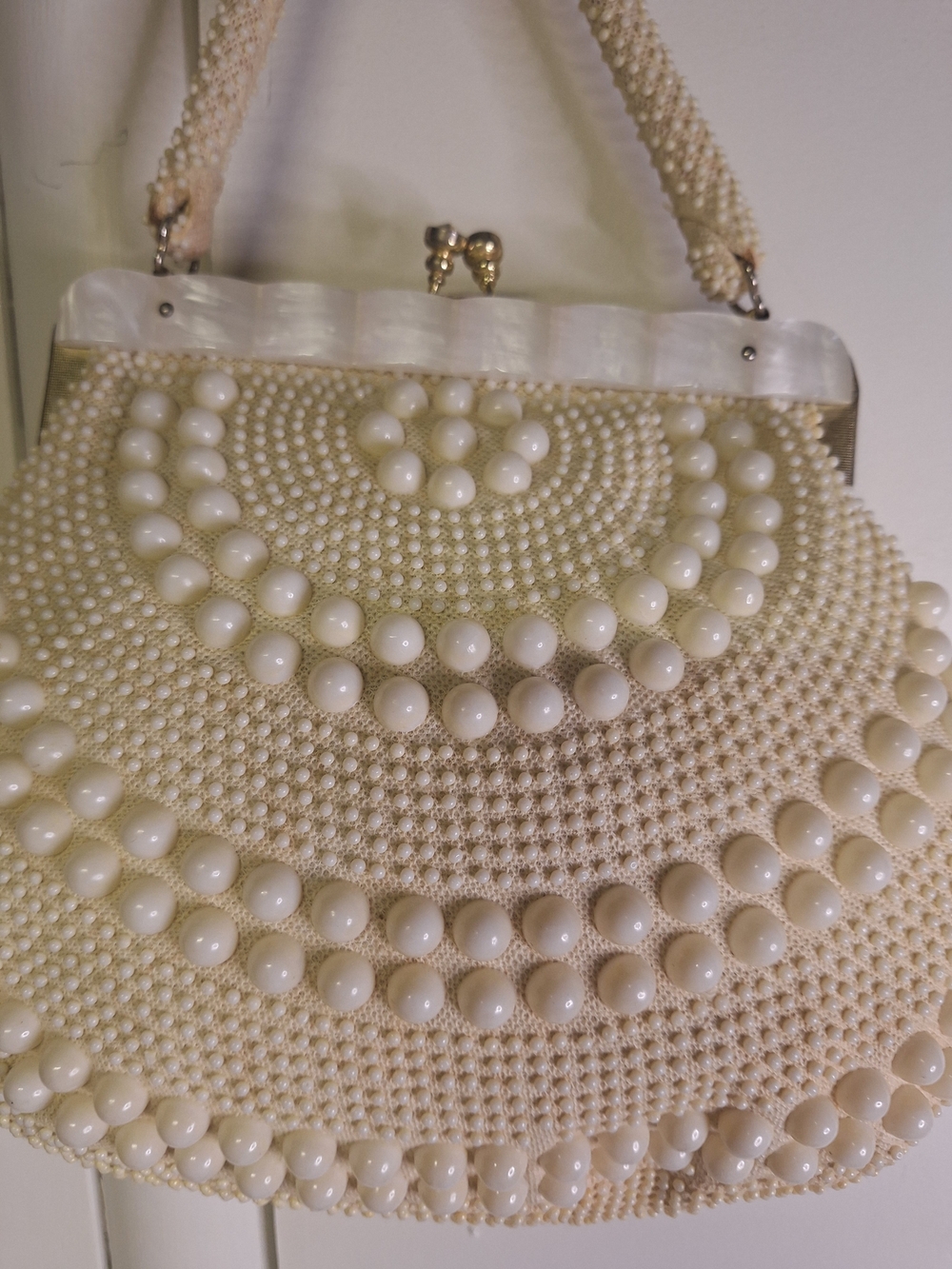 Cream Beaded Pearl-Accent Top-Hand Held Vintage Purse - Picture 4 of 12